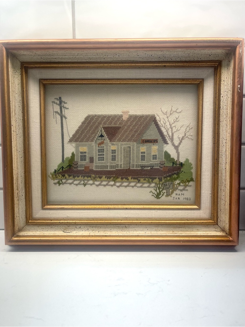 Vintage Framed Cross Stitch Train Depot Needlepoint – Signed & Dated 1983